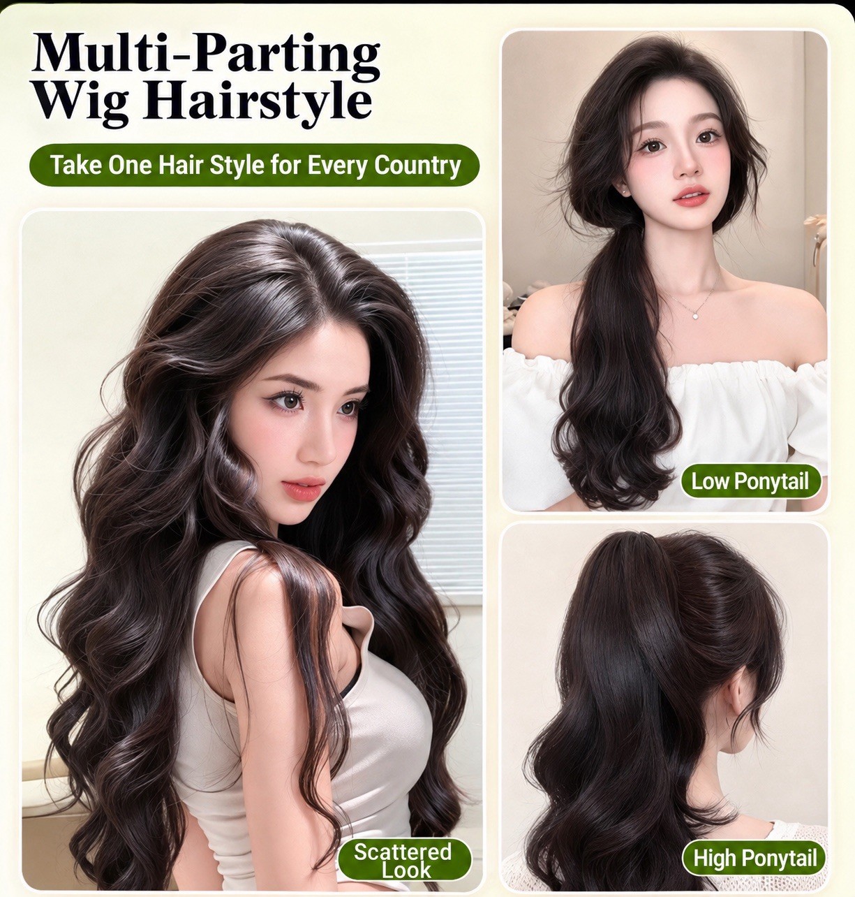 Clip-In Wavy Dark Brown Wig 12 in Free-Part Multi-Parting Classic Cap