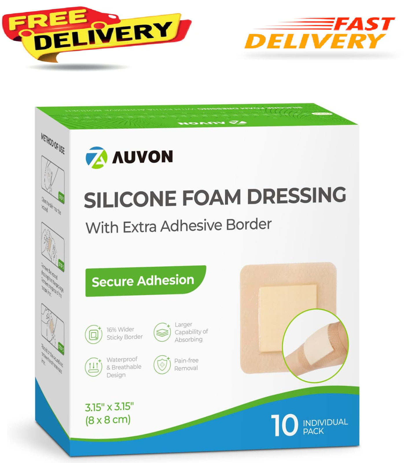 AUVON Silicone Foam Dressing with Large Adhesive Border, 3″ x 3″ 10-Pack Wound