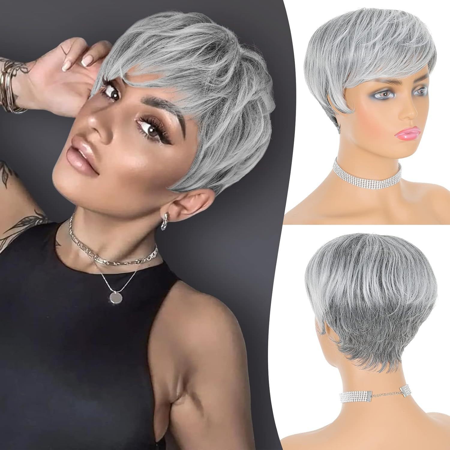 Women Grey White Short Straight Wigs Side Part Fashion Synthetic Full Wig Daily