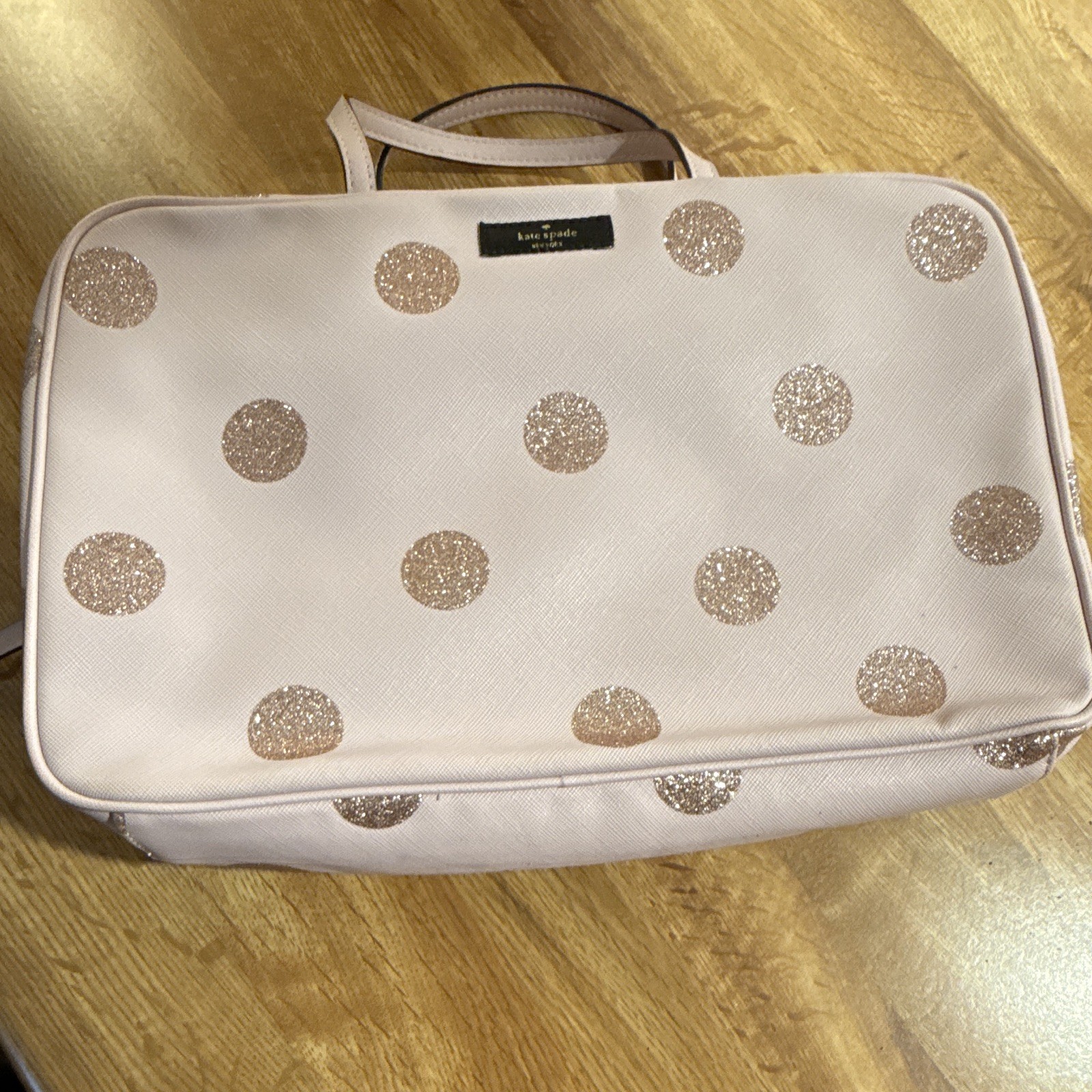 kate spade new york Pink/Gold Glitter Polka Dot Zip Makeup Bag w/ Handle.