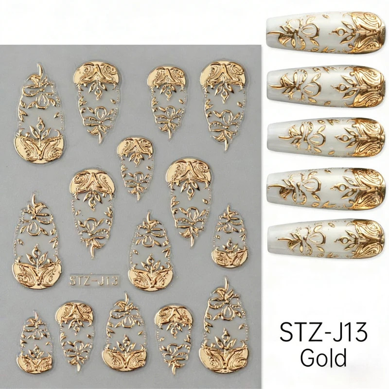 1Pc Golden Foil Heart 5D Embossed Nail Art Stickers Self-Adhesive Decals