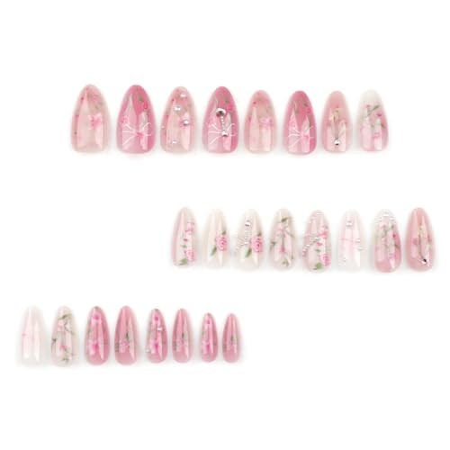 24 Pcs Pink Flower Press on Nails Medium Almond Fake Nails with 3D Pearl 3D-4