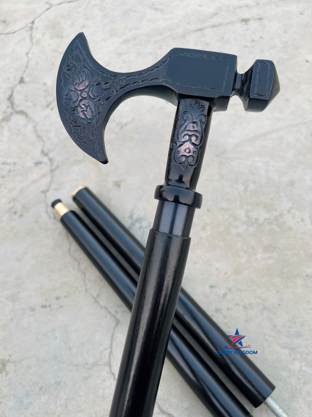 ANTIQUE BLACK BRASS AXE DESIGN HEAD HANDLE 3 FOLD WOODEN WALKING STICK CANE GIFT