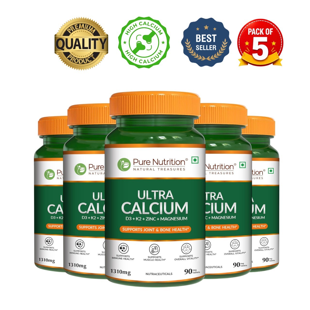 5 Pack PURE NUTRITION NATURAL .TREASURES Ultra Calcium 450 Tabs