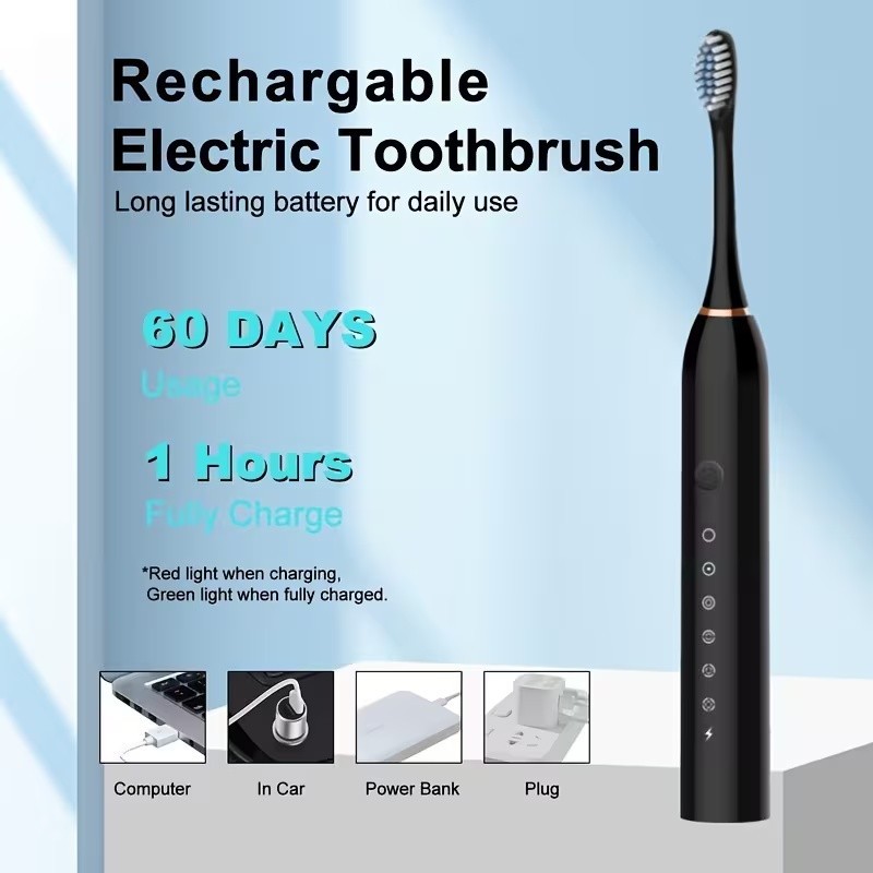 USB Rechargeable Sonic Toothbrush 6 Modes Adult Oral Care 4 Extra Brush Heads