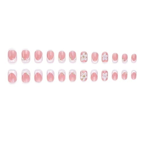 24Pcs White French Tip Press on Nails Short Square Fake white embossed floral