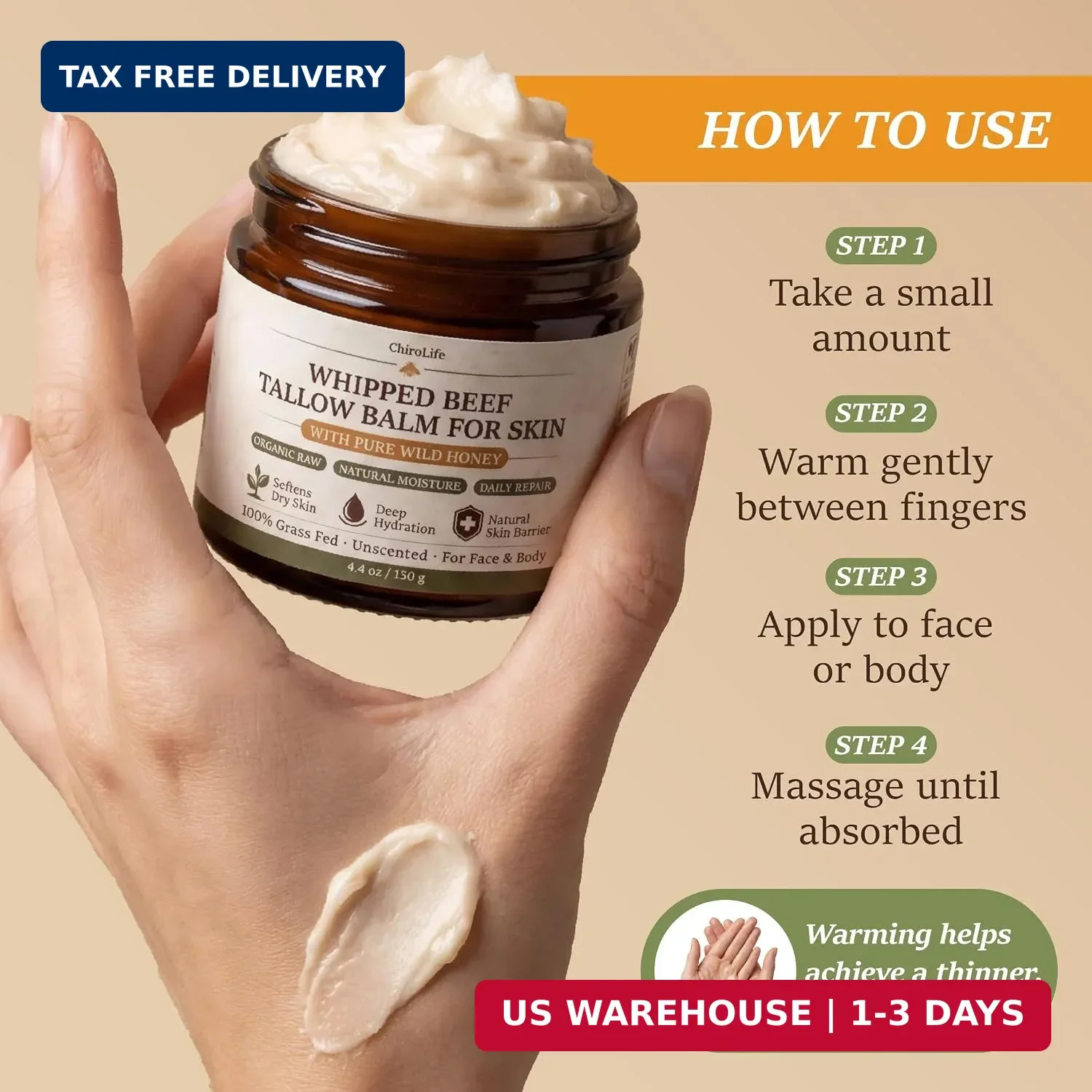 Grass-Fed Beef Tallow for Skin, Whipped Tallow and Honey Balm for Face and Body,