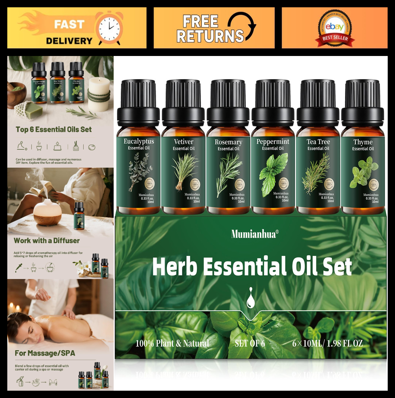 6x10ml Essential Oils Set – Pure Eucalyptus, Peppermint, Tea Tree & More – Aroma