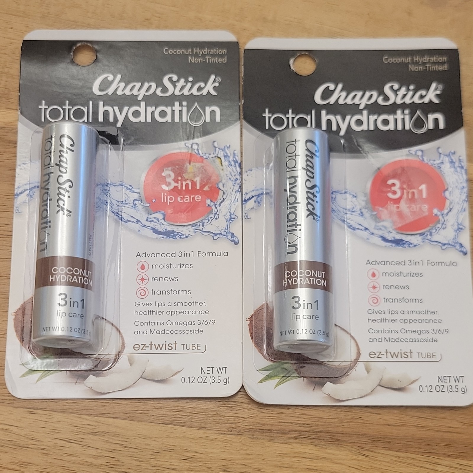 2 ChapStick Total Hydration Coconut Clear Hydrating Lip Balm Stick 2x 0.12 oz