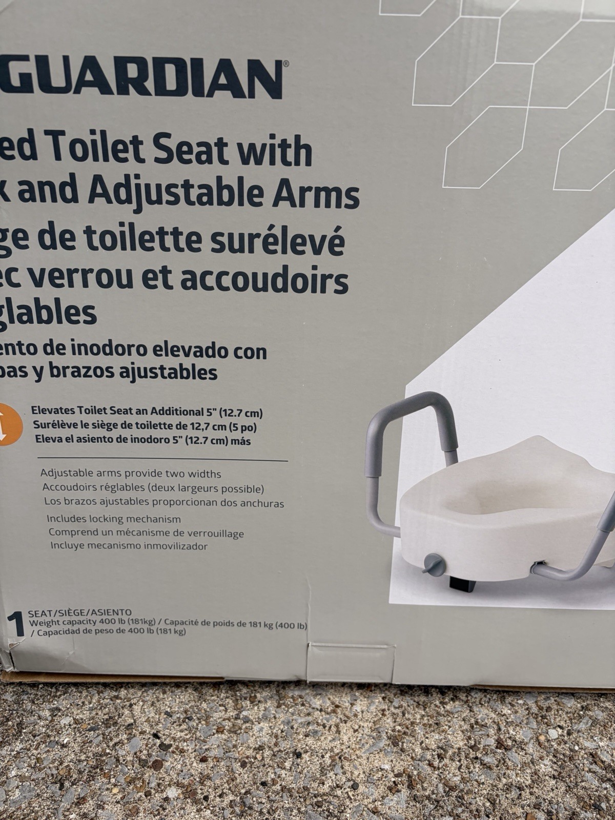 Guardian Elevated Toilet Seat 5 in w/ Adjustable Arms, 400 lb White/Gray