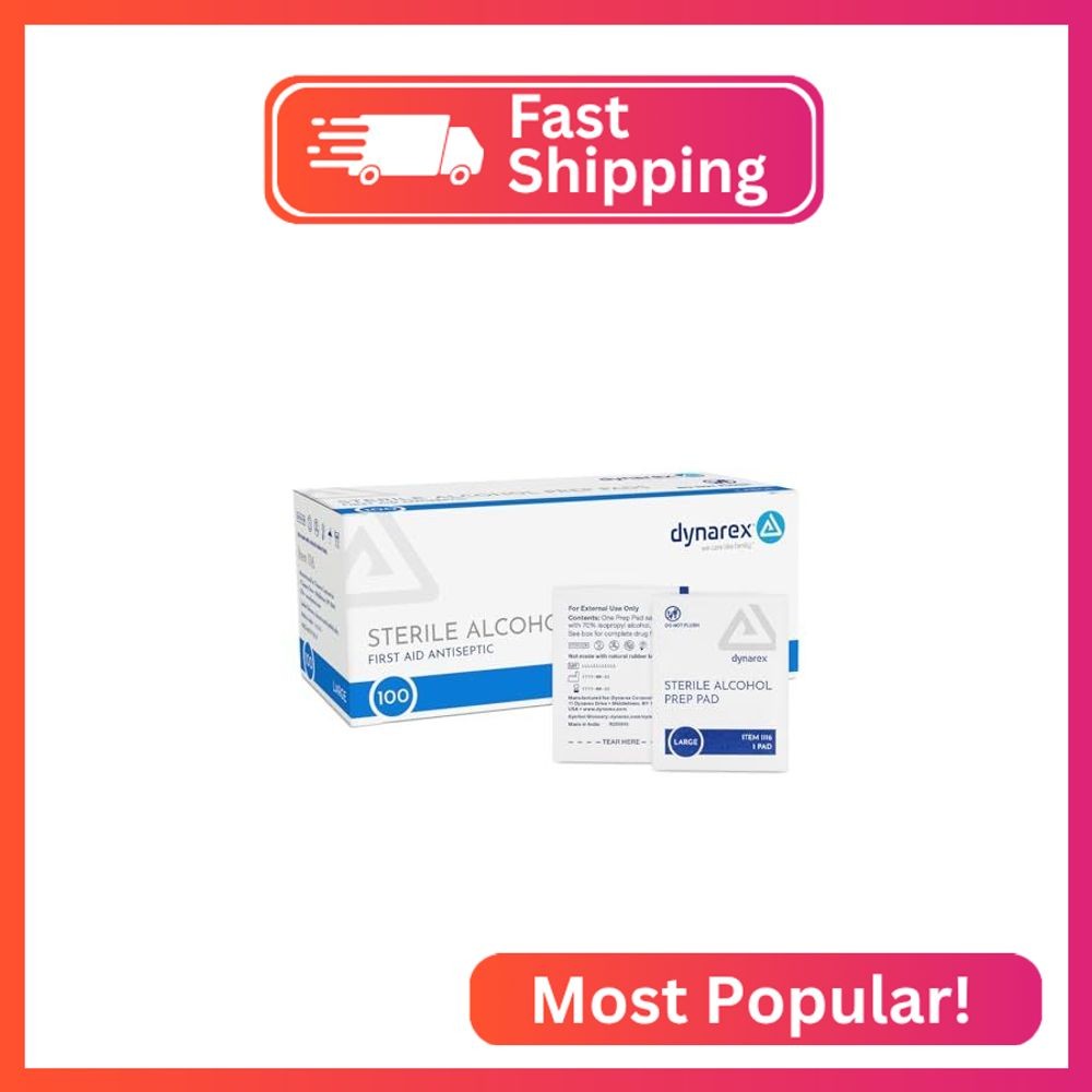 Dynarex DynaSafety Sterile Alcohol Prep Pads – Large – 70% Isopropyl Alcohol, In