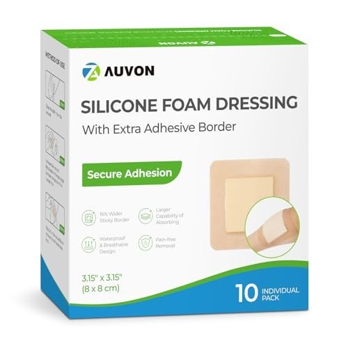 AUVON Silicone Foam Dressing with Large Adhesive Border, 3″ X 3″ 10 Packs Wound