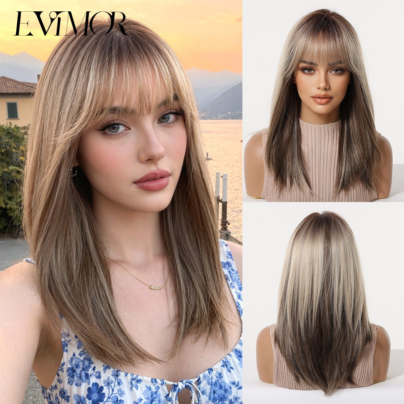 Ombre Brown Shoulder Length Wig Natural Realistic Air Bangs Synthetic Full Head