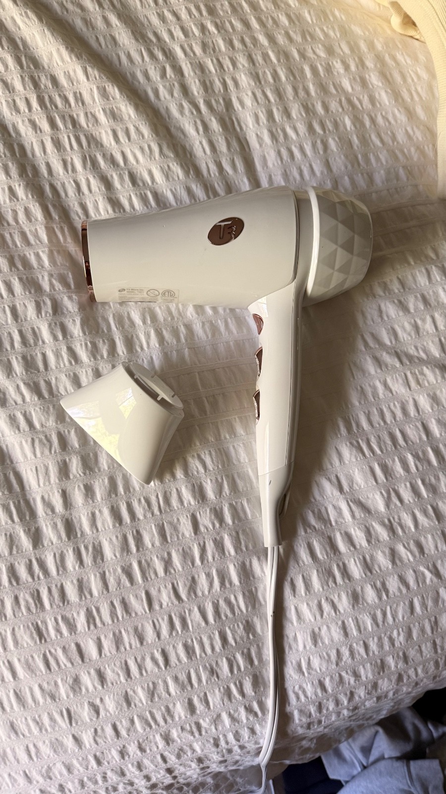 T3 White/Rose Gold Electric Hair Dryer with Concentrator Nozzle Attachment