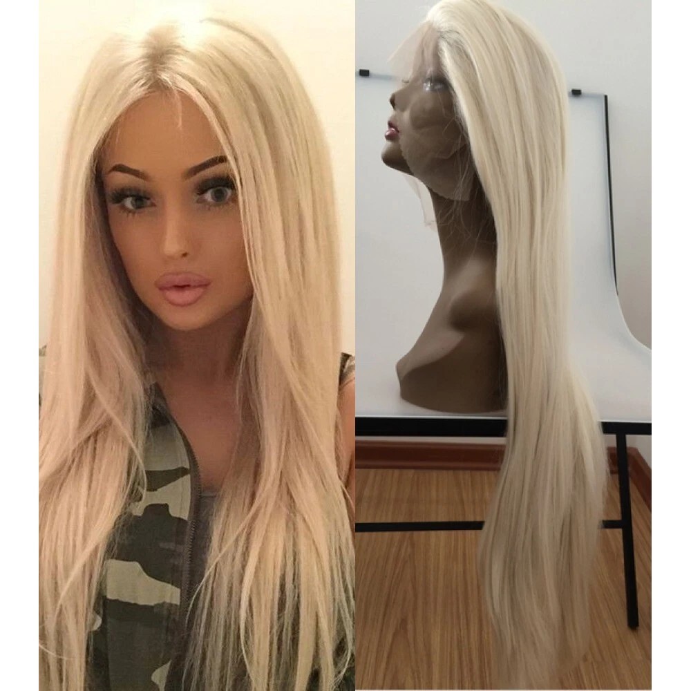 Blonde Long Straight Heat Resistant Hair Glue Less Lace Front Wig