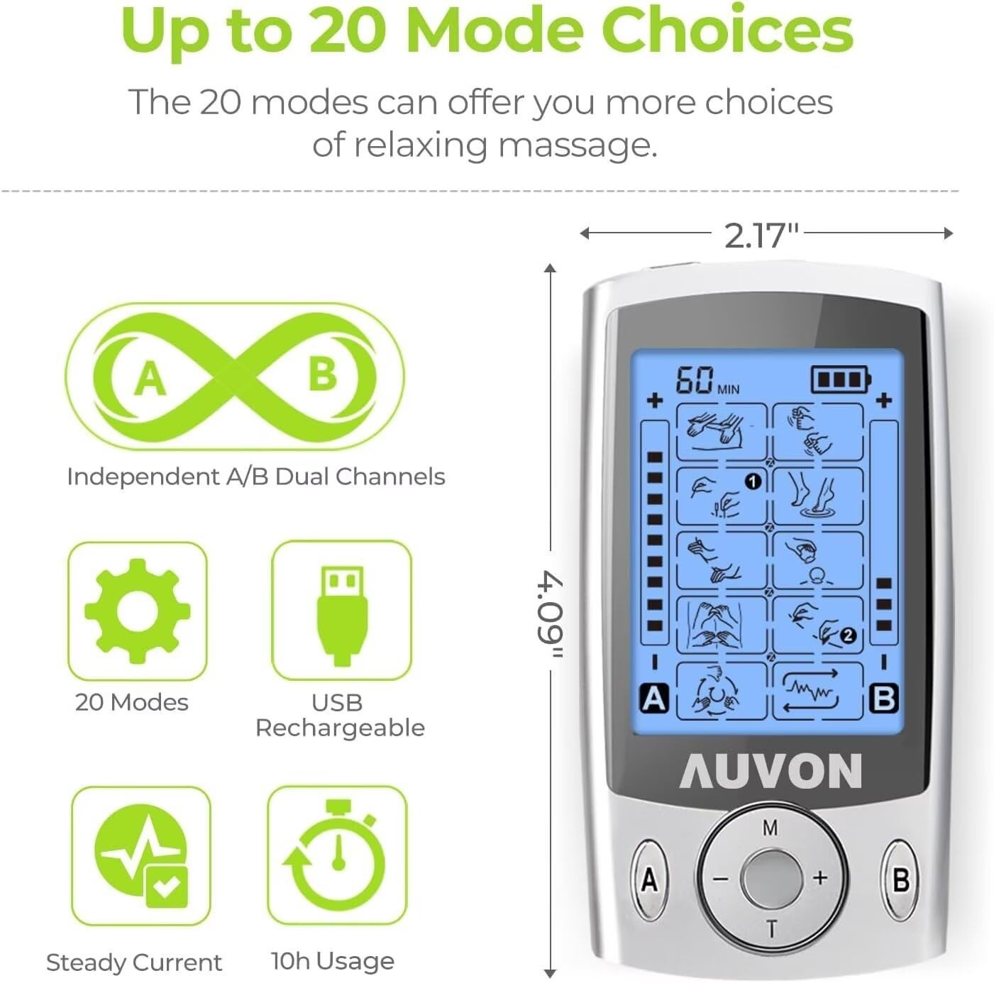 Dual Channel TENS Unit Muscle Stimulator – 20 Modes, 2″ & 2″x4″ Electrode Pads
