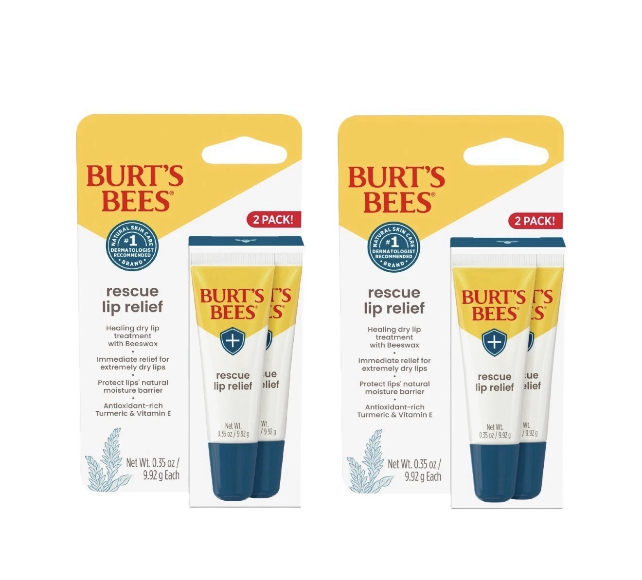 2 Pack Burt’s Bees Rescue Lip Relief Dry Lips Treatment 2 Ct Each 4 Tubes Total