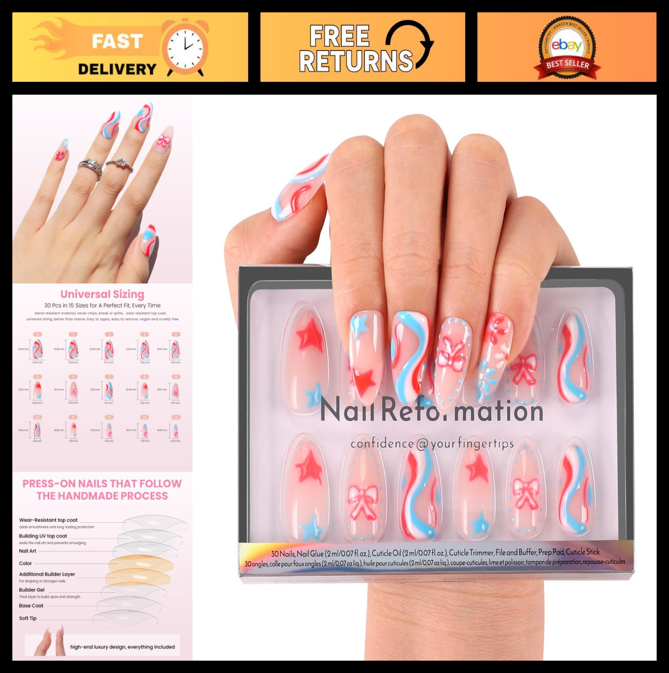 Red White & Blue Swirl Press On Nails – Medium Almond 3D Stars & Bows, 30 Pcs