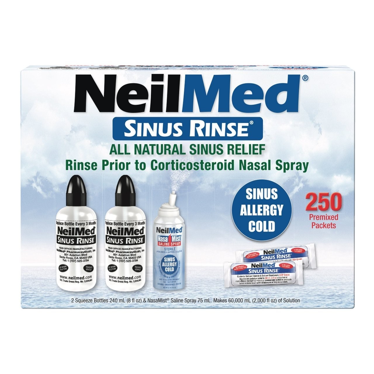 NeilMed Sinus Rinse Kit 250 Packets Nasal Wash System Allergy Relief New