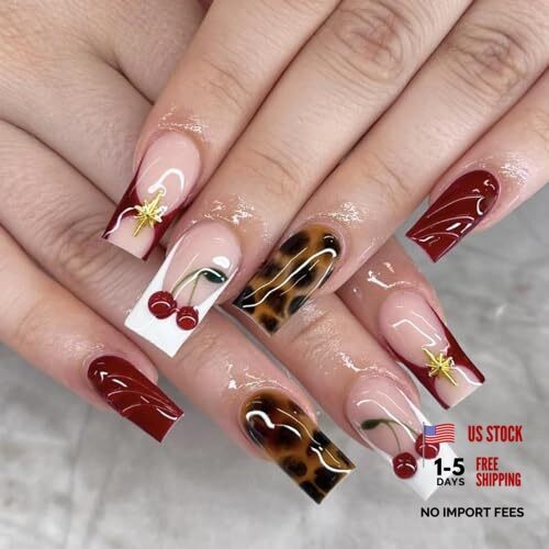 Medium Square Press on Nails Brown Leopard Print and Red Red & Leopard Print