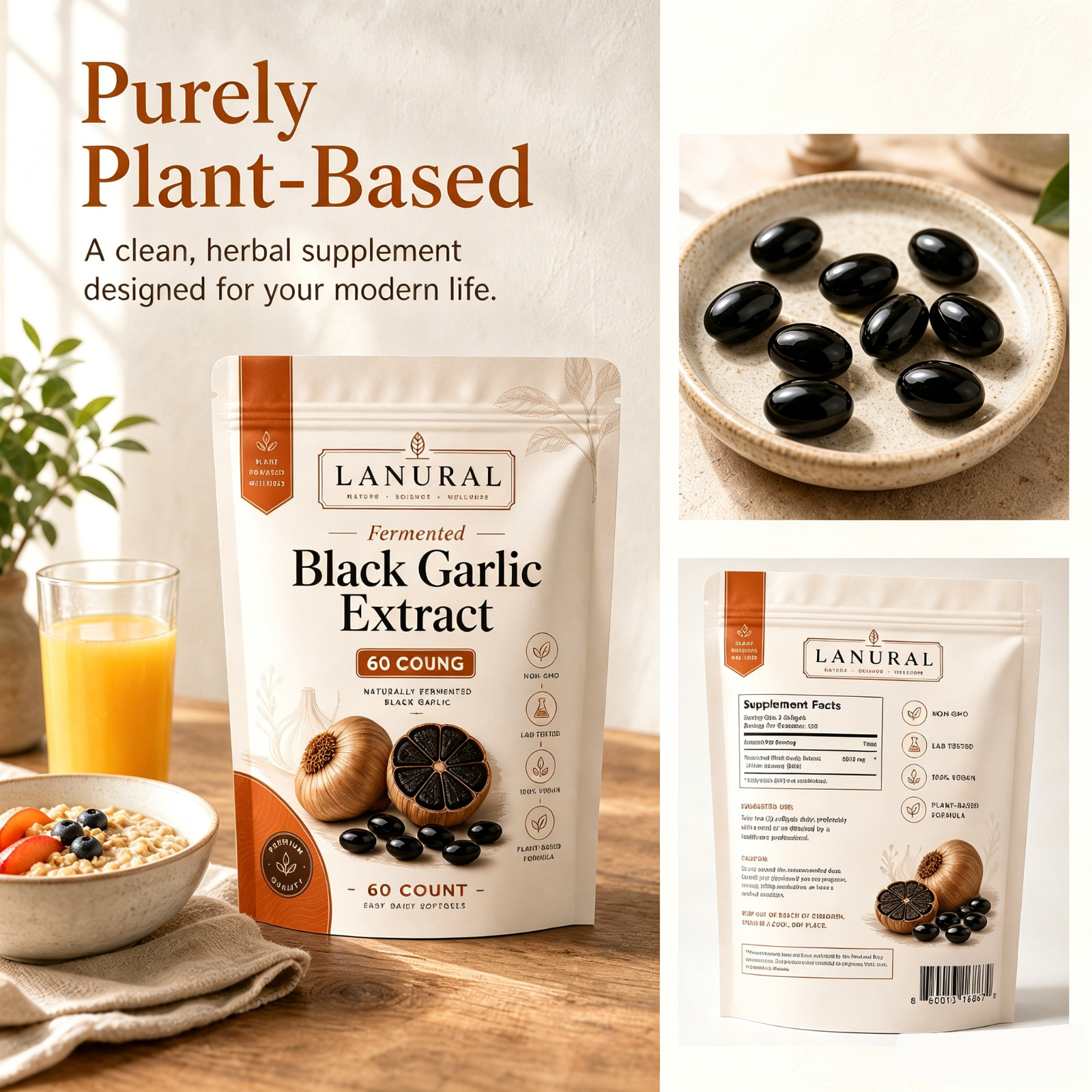 Lanural Fermented Black Garlic, Odorless Capsules, 60 Count