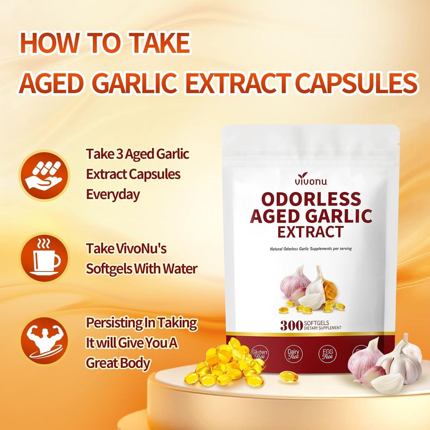 Vivonu Aged Garlic Extract, 10500 mg, Odorless, Minerals Added, 300 sgVivoNu Age