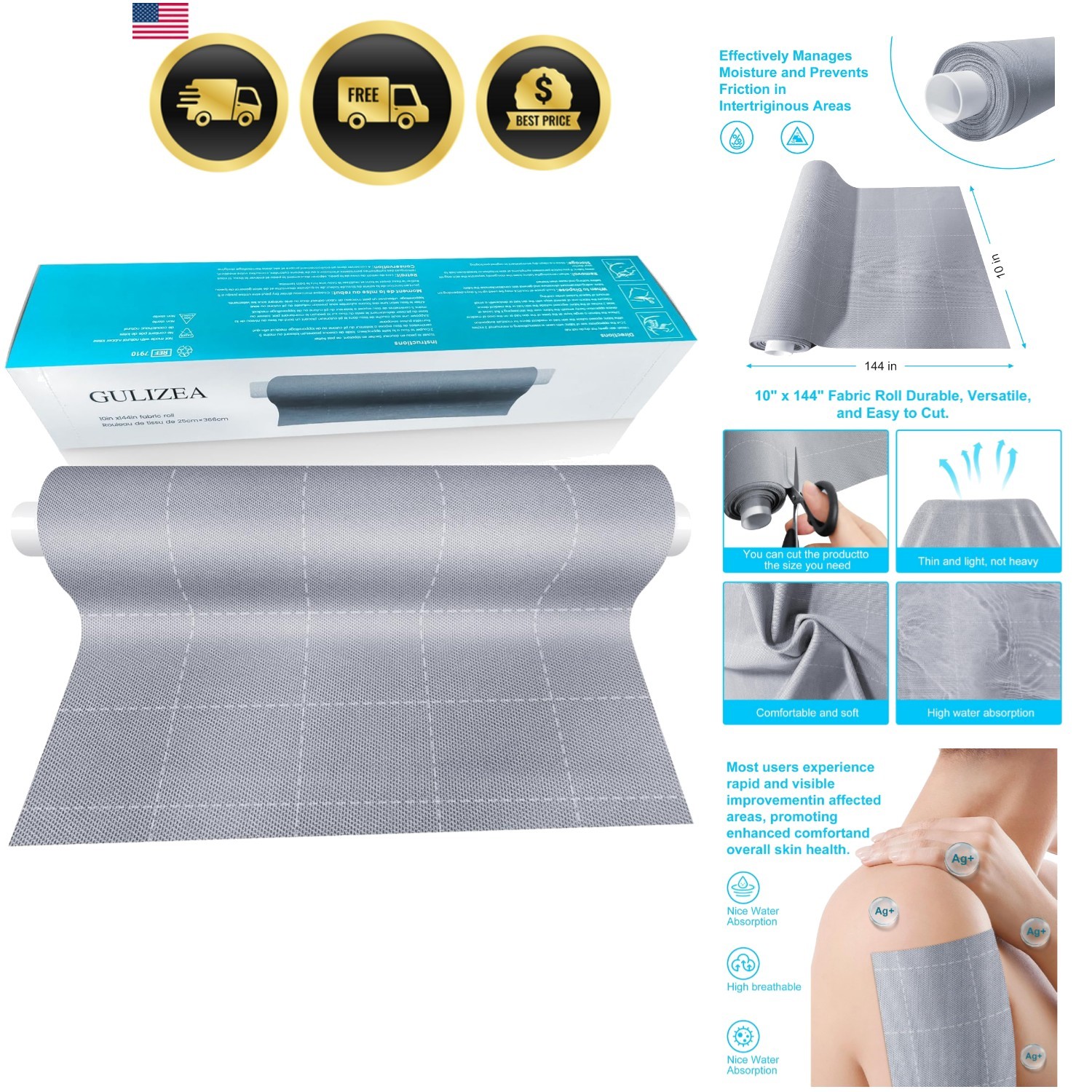 10×144 Inch Silver Infused Fabric Roll, Breathable & Non-Adherent Wound Dress…