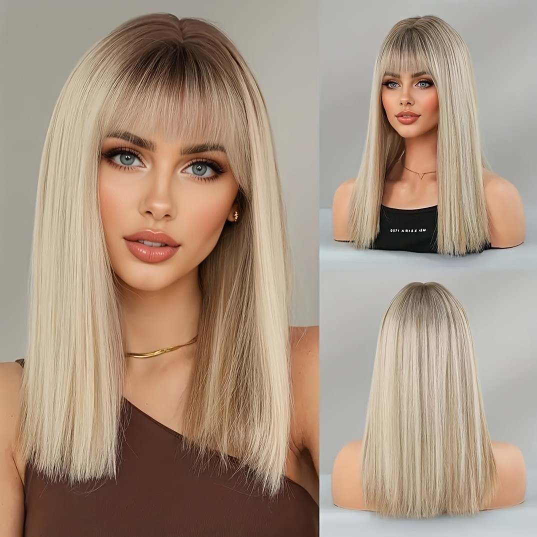 Elegant Summer 18-Inch Medium Length Gradient Gold Straight Hair Wig with Bangs