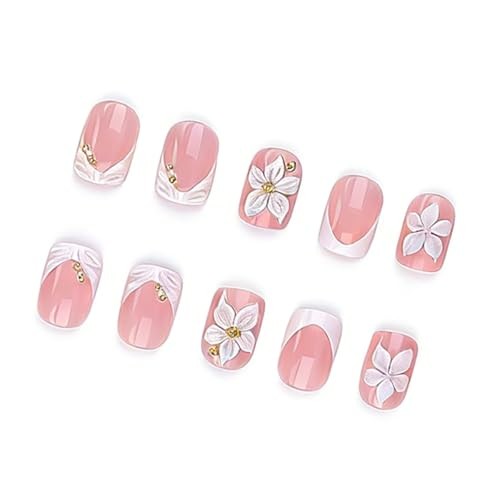 24Pcs White French Tip Press on Nails Short Square Fake white embossed floral