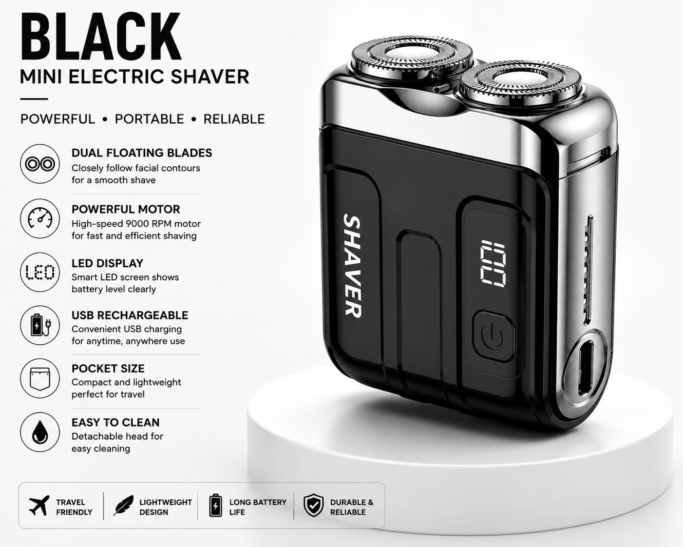 Mini Electric Shaver USB Rechargeable Dual Blade Beard Razor LED Display