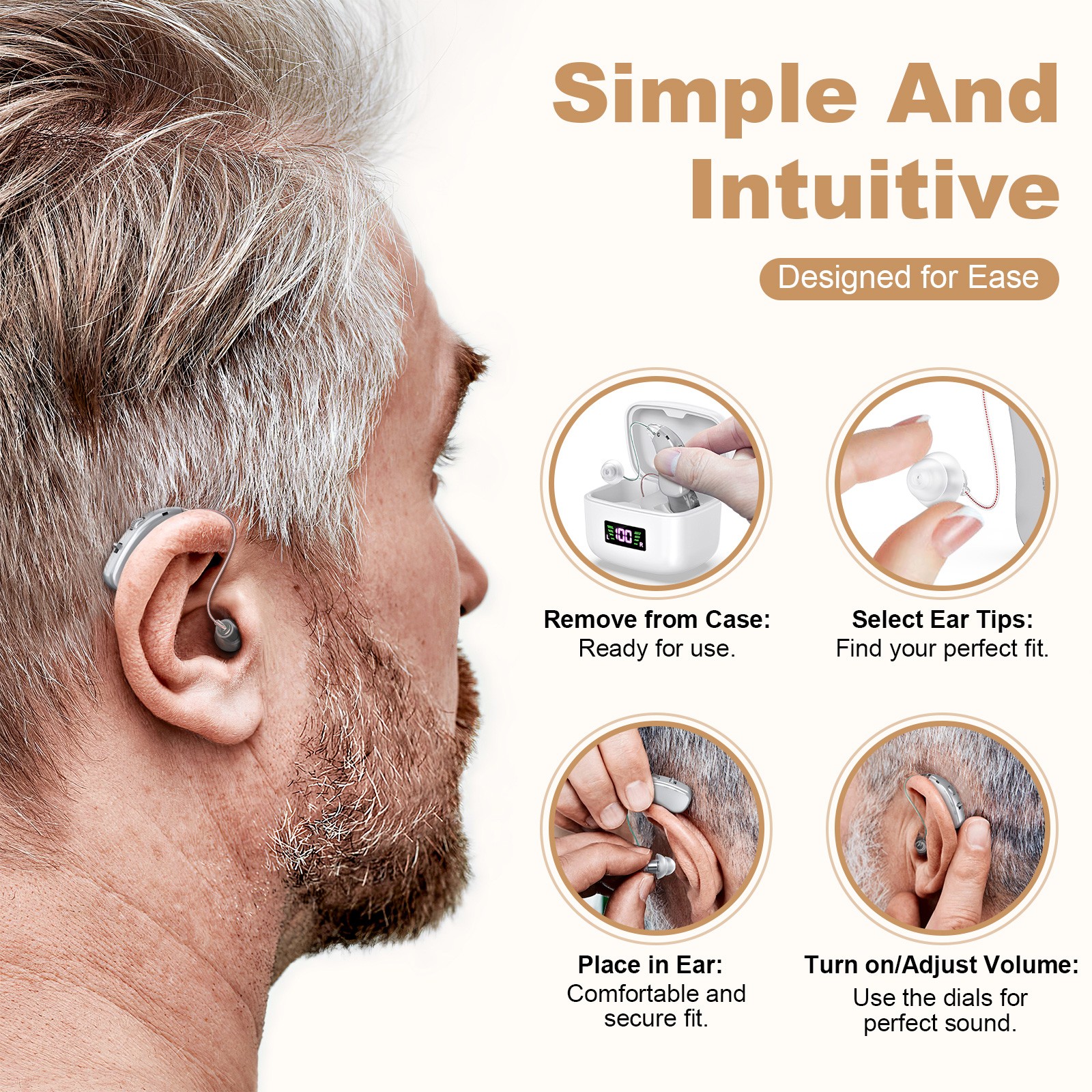 BTE Digital Rechargeable Hearing Aid For Severe Hearing Loss With Charging Case