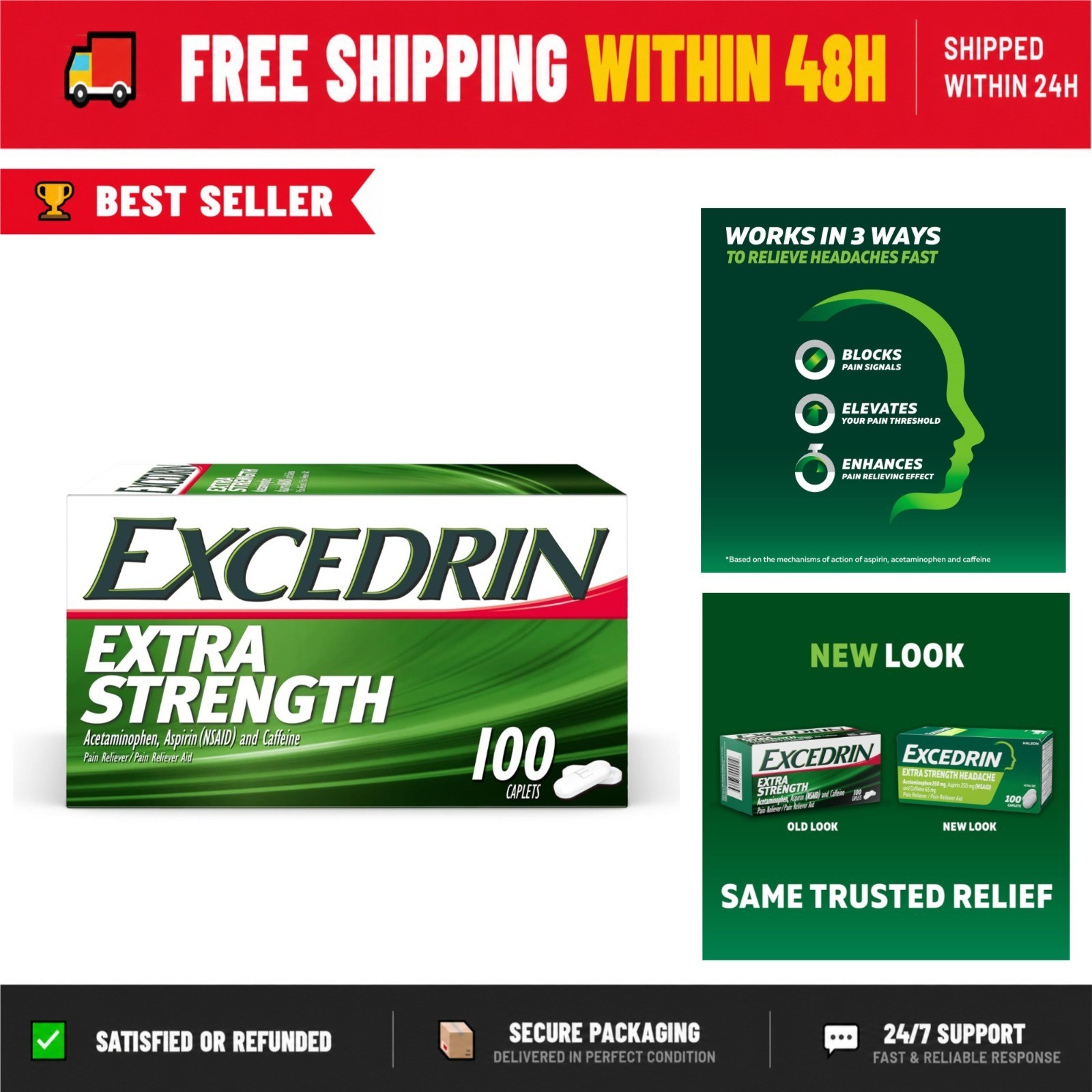 Excedrin Extra Strength Pain Relief Caplets – 100 Count – Headache Relief