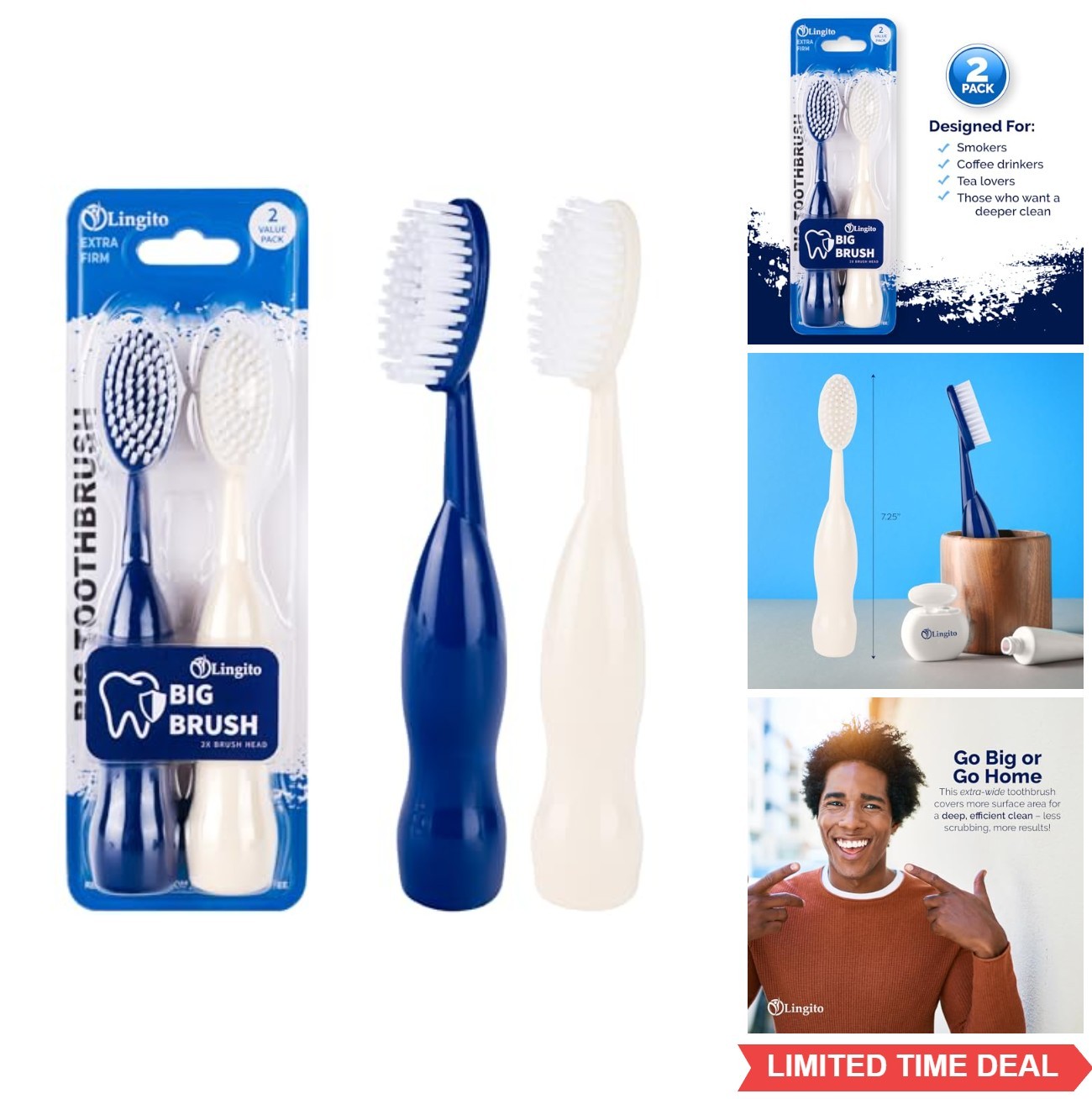 Manual Toothbrush Extra-Firm Hard Bristle Wide Head 2 Pack Smokers Coffee Stain