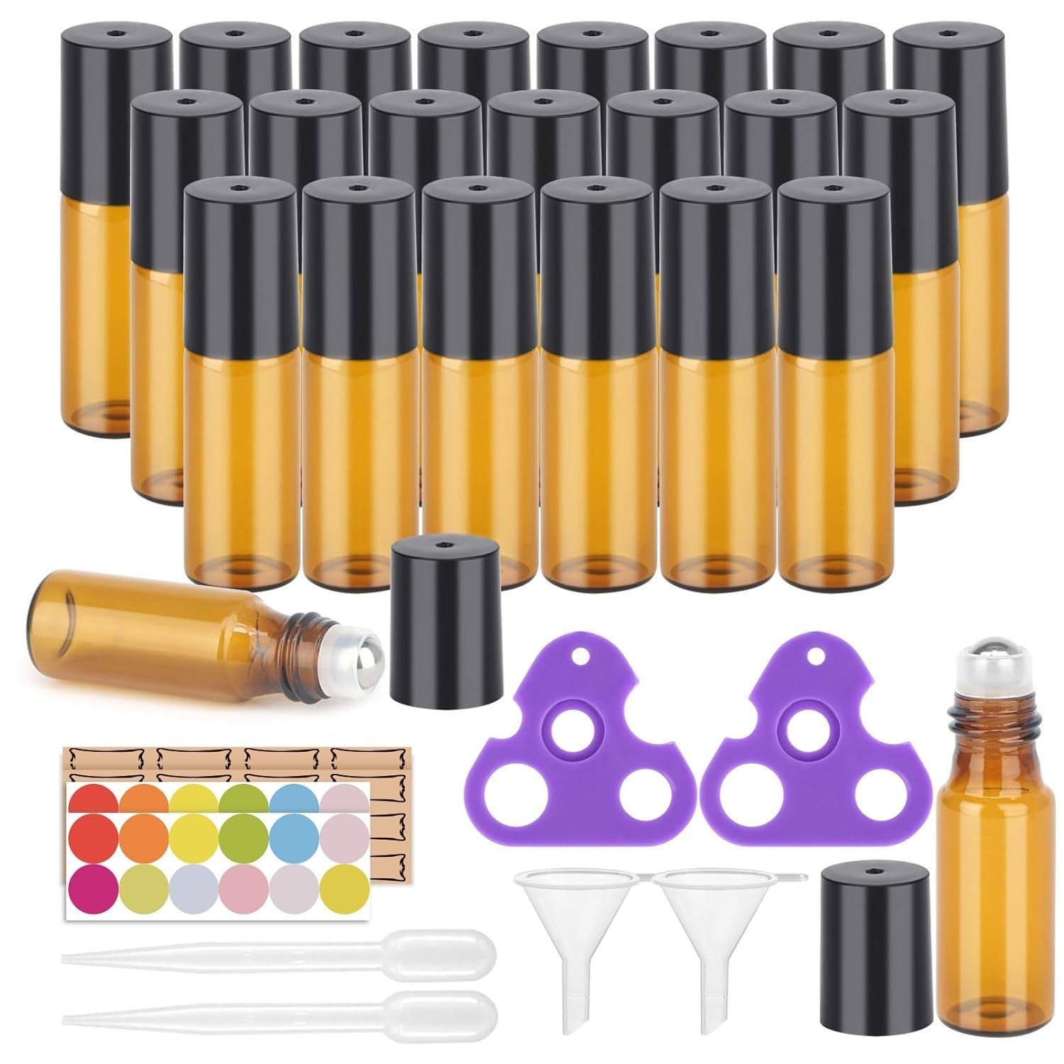 Complete Essential Oil Roller Bottle Kit – 24 Amber 5ml Bottles with Labels