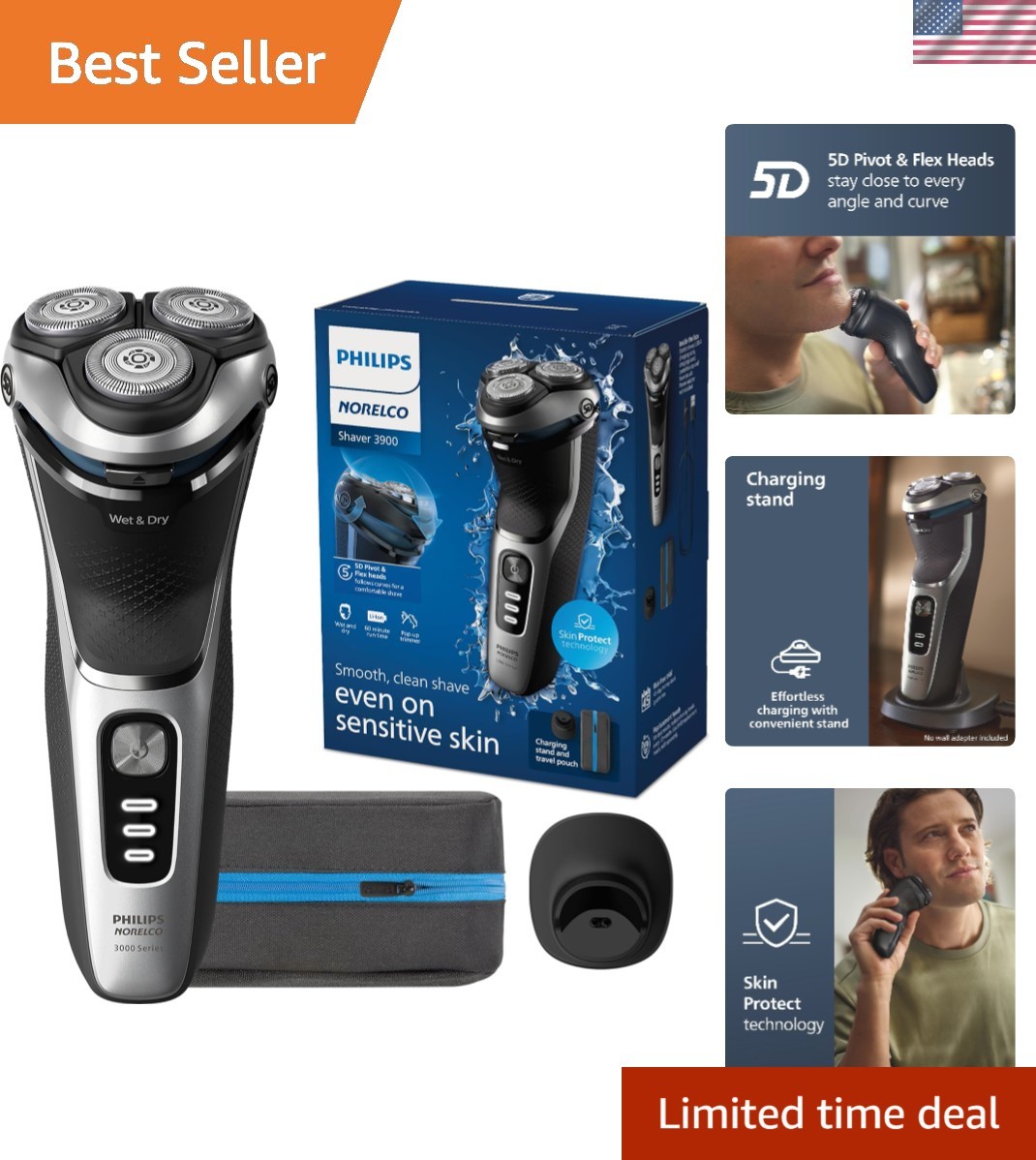 Philips Shaver 3900 Series Electric Shaver, Storm Blue, Battery