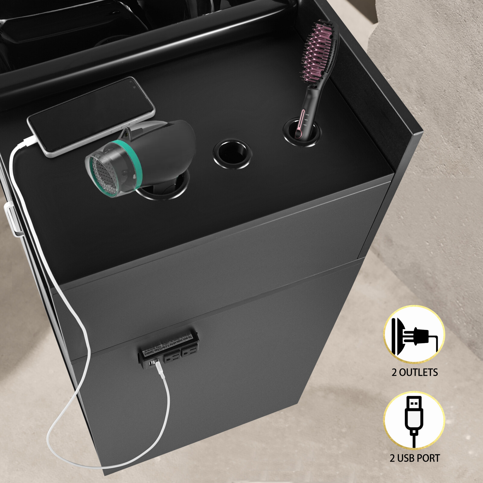Pro Salon Backwash Sink Bowl Shampoo Station with Drawer,USB,P Trap Outlets
