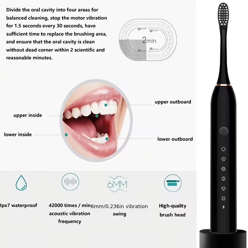 USB Rechargeable Sonic Toothbrush 6 Modes Adult Oral Care 4 Extra Brush Heads