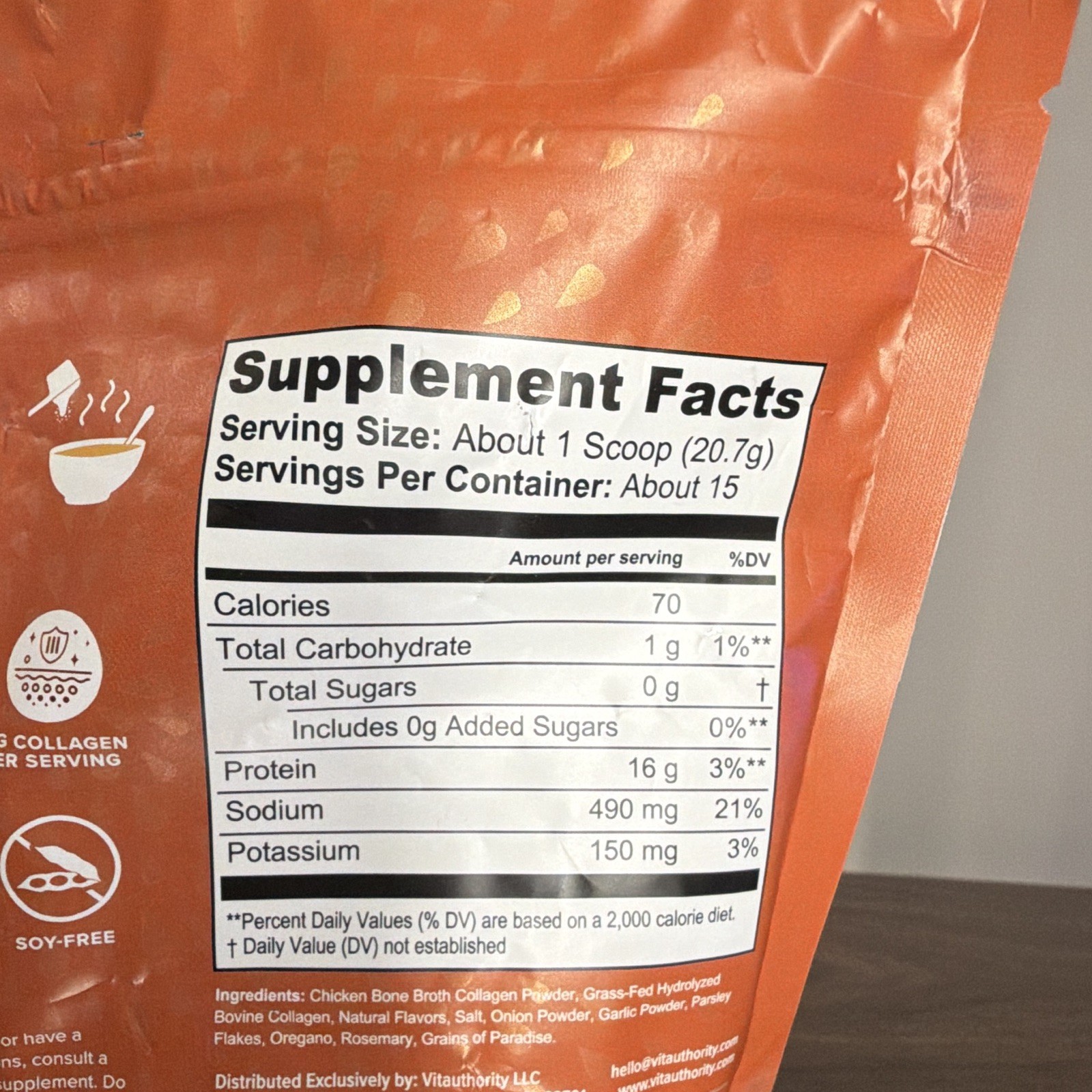 Vitauthority Bone Broth Collagen Powder Chicken & Herb Gluten-Free 10.9 oz
