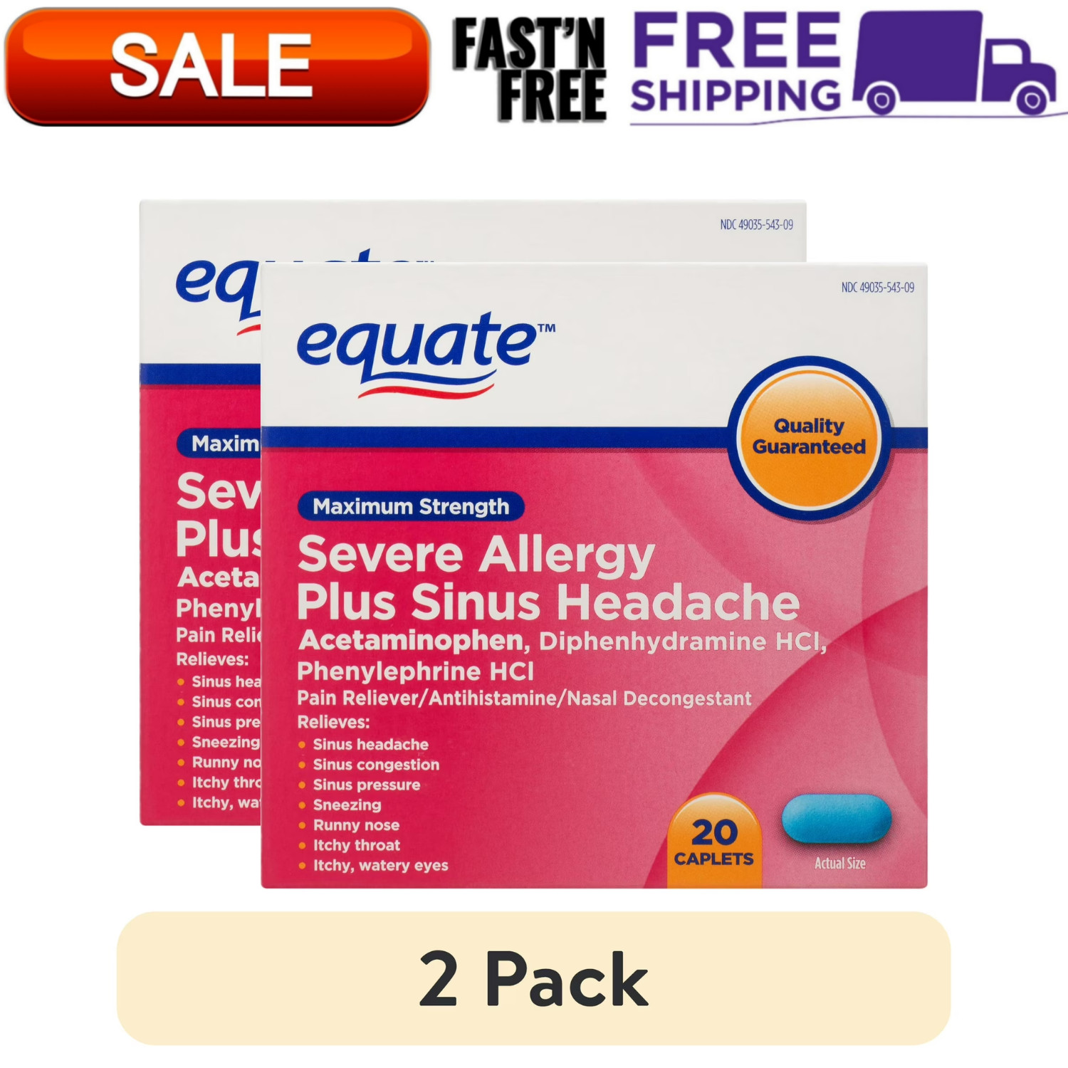 2 Pack Equate Maximum Strength Severe Allergy Plus Sinus Headache Caplets, 20 Ct