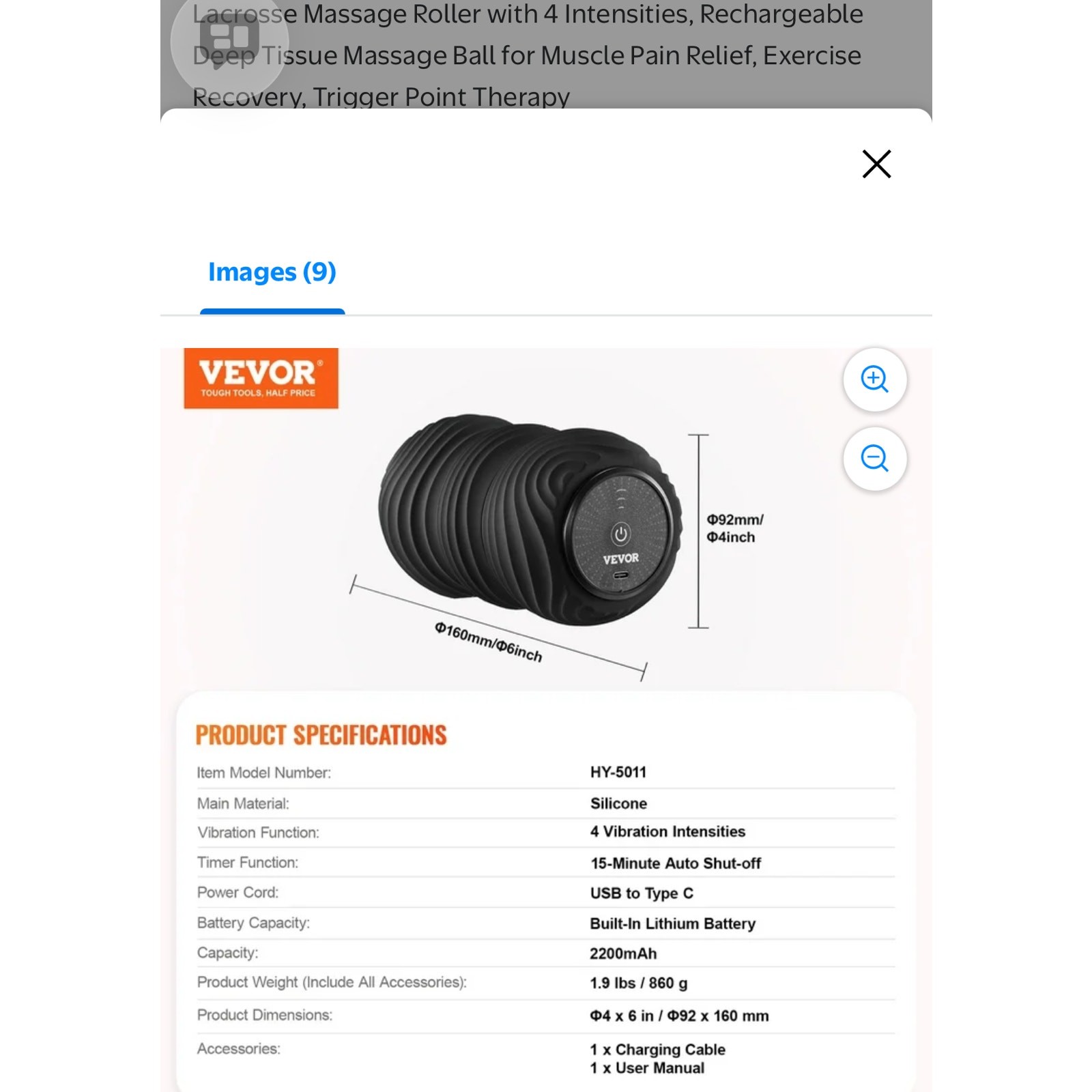 VEVOR Unisex Massage Ball 4×6 in Black Gray Vibrating Rechargeable