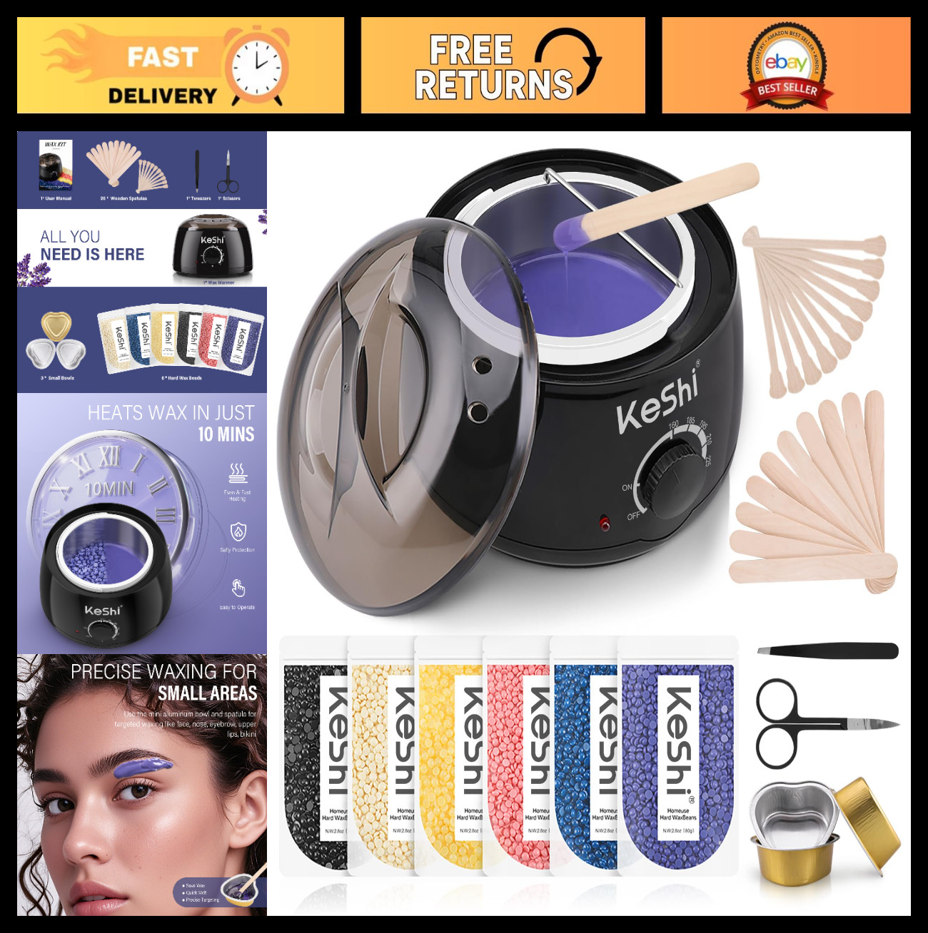 Painless Waxing Kit with Wax Warmer & 6 Hard Wax Beans for Full Body, Face, Legs