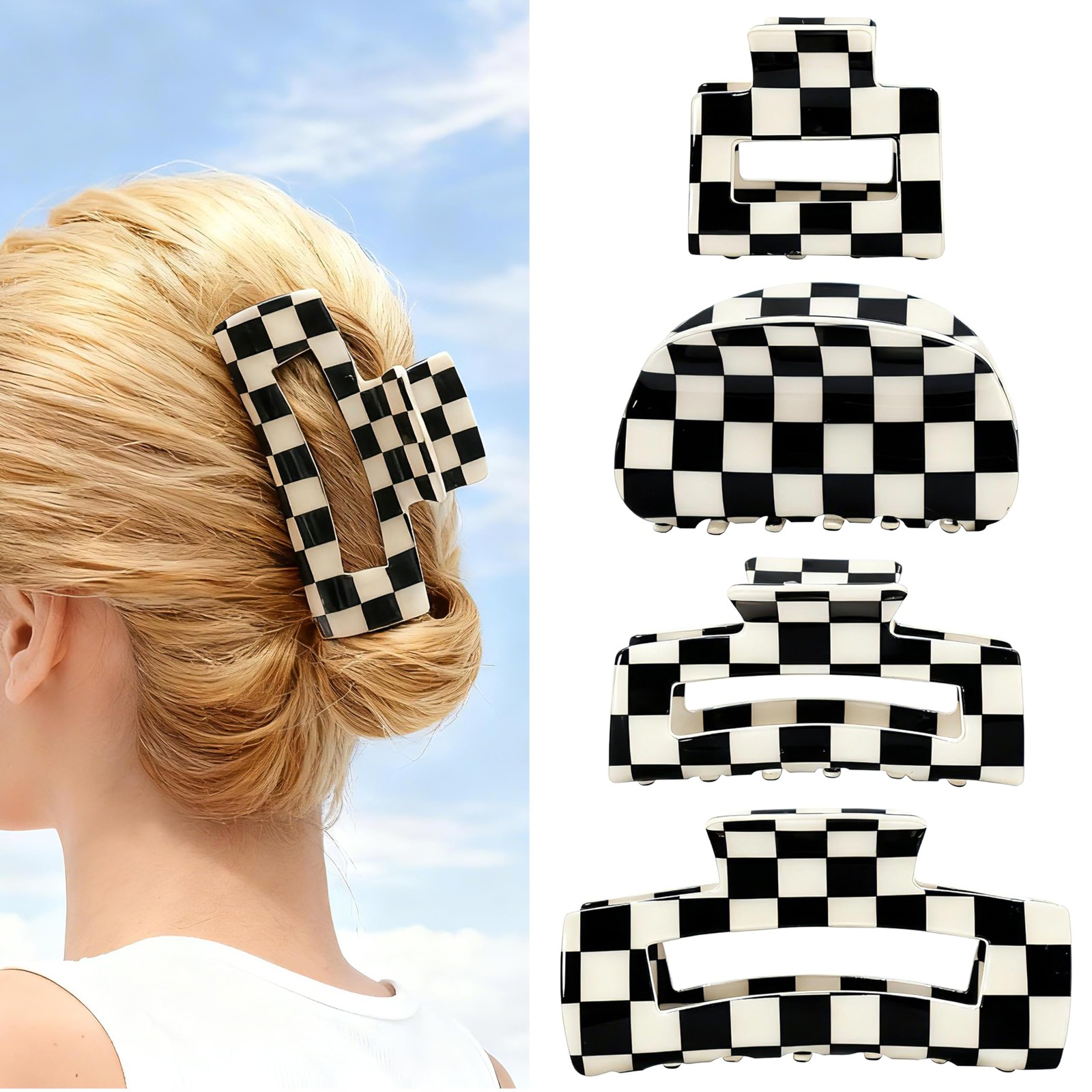4 PCS Checkered Hair Claw Clips Black and 1 Count (Pack of 4), Black, White