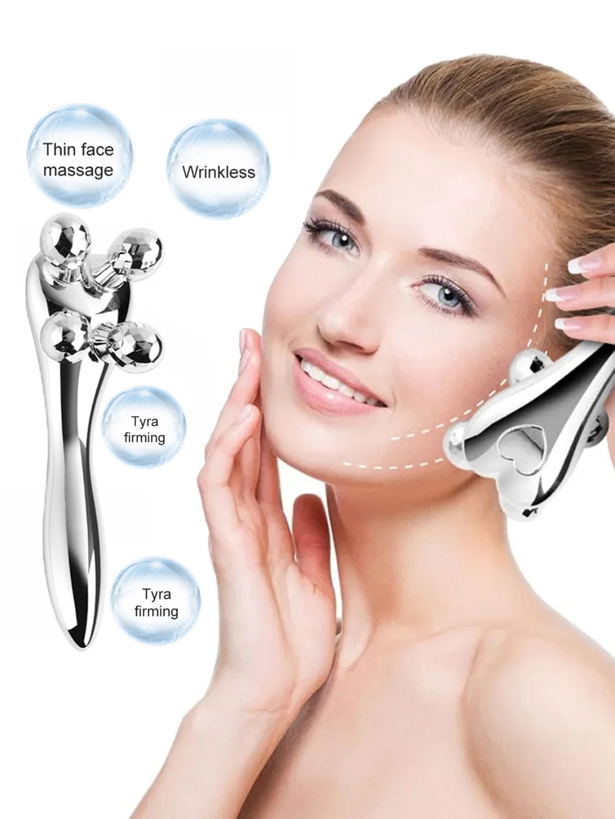 4D Y Shape Facial Roller Massager Face Neck Beauty Massage Tool Silver