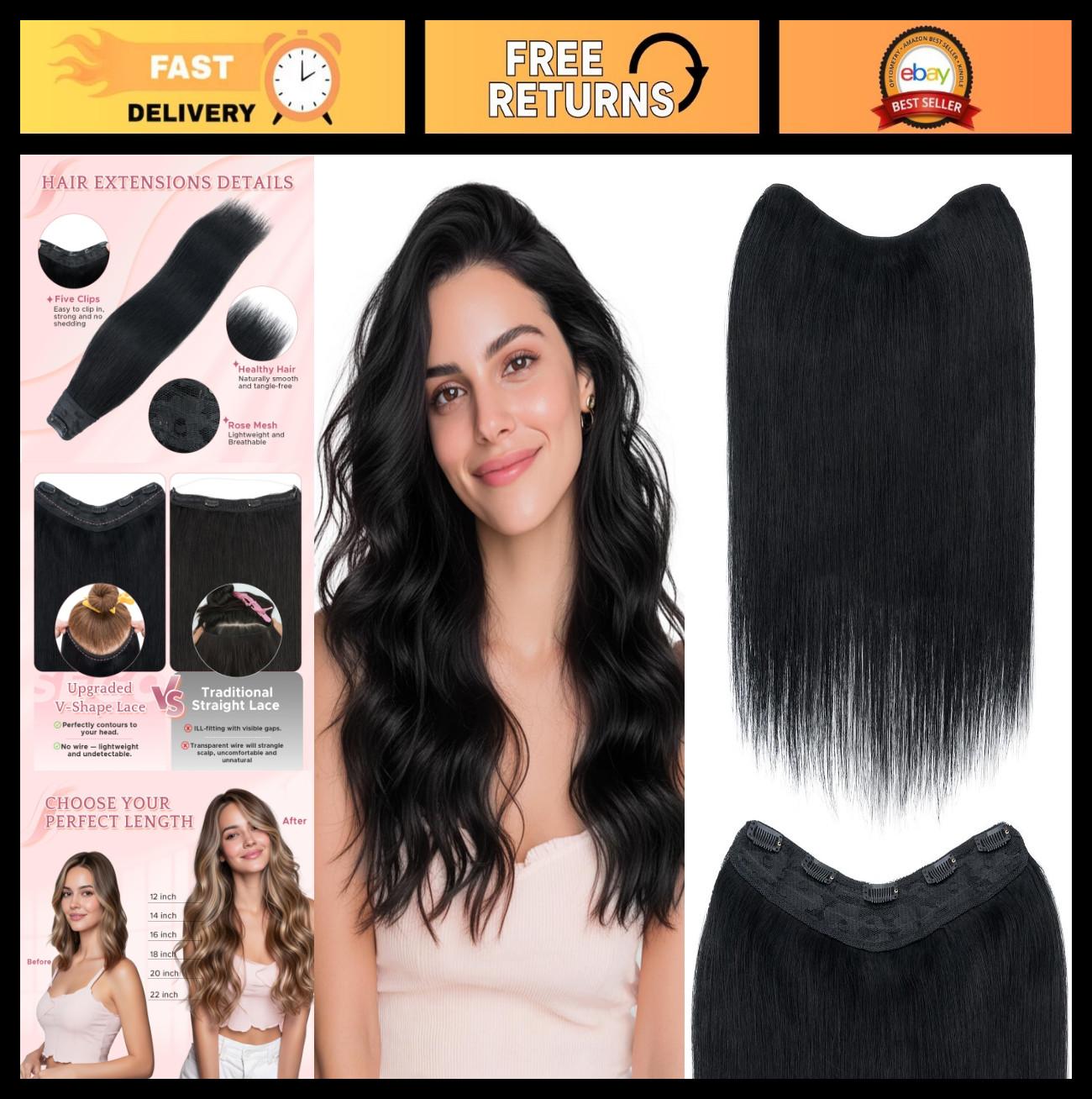 100% Real Human Hair Clip-In Extensions, 14 Inch, V-Shaped Weft, Jet Black, 5 Cl
