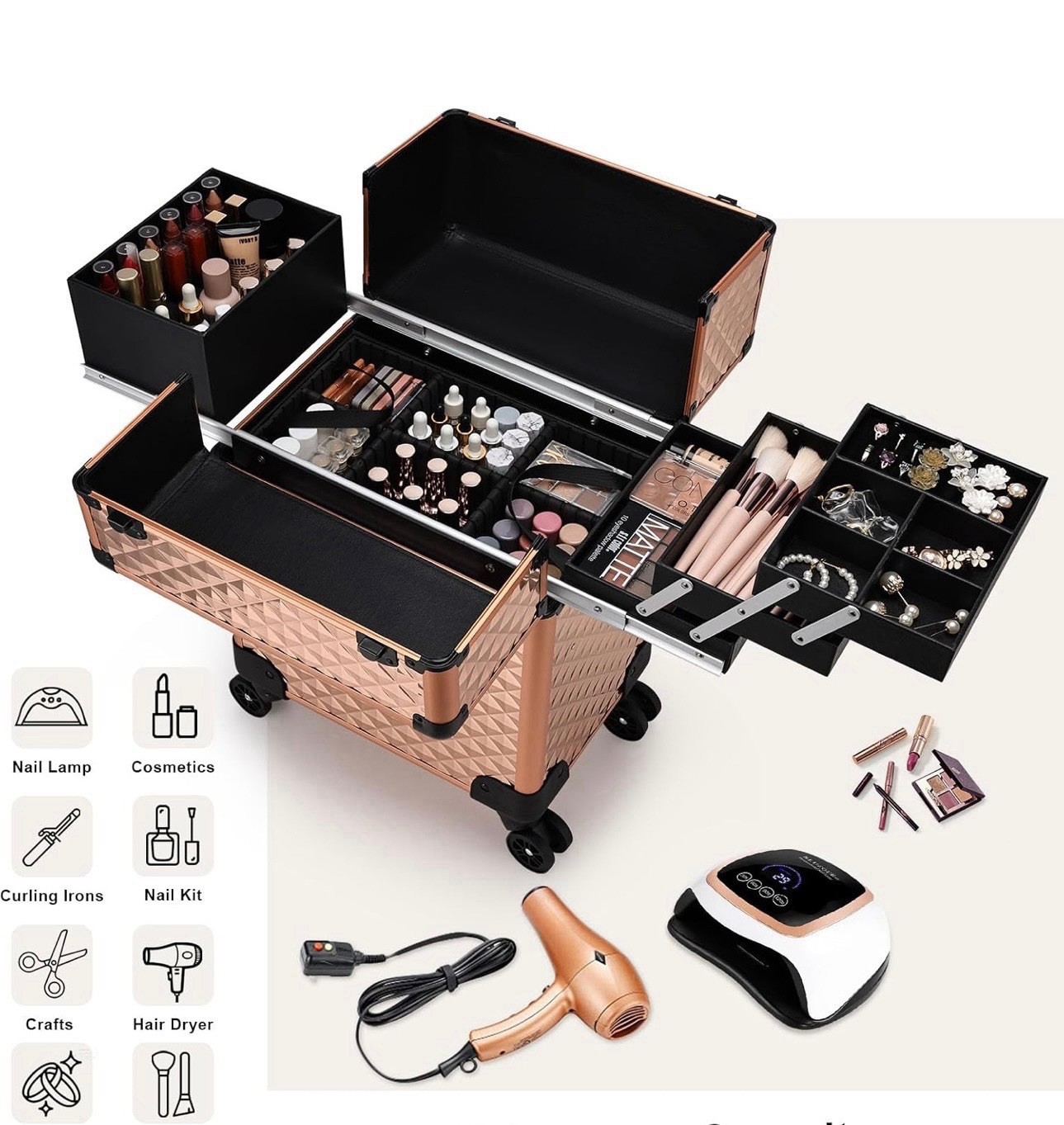 Rose Gold & Black Rolling Makeup Case w/ Wheels, Retractable Handle 20.5in