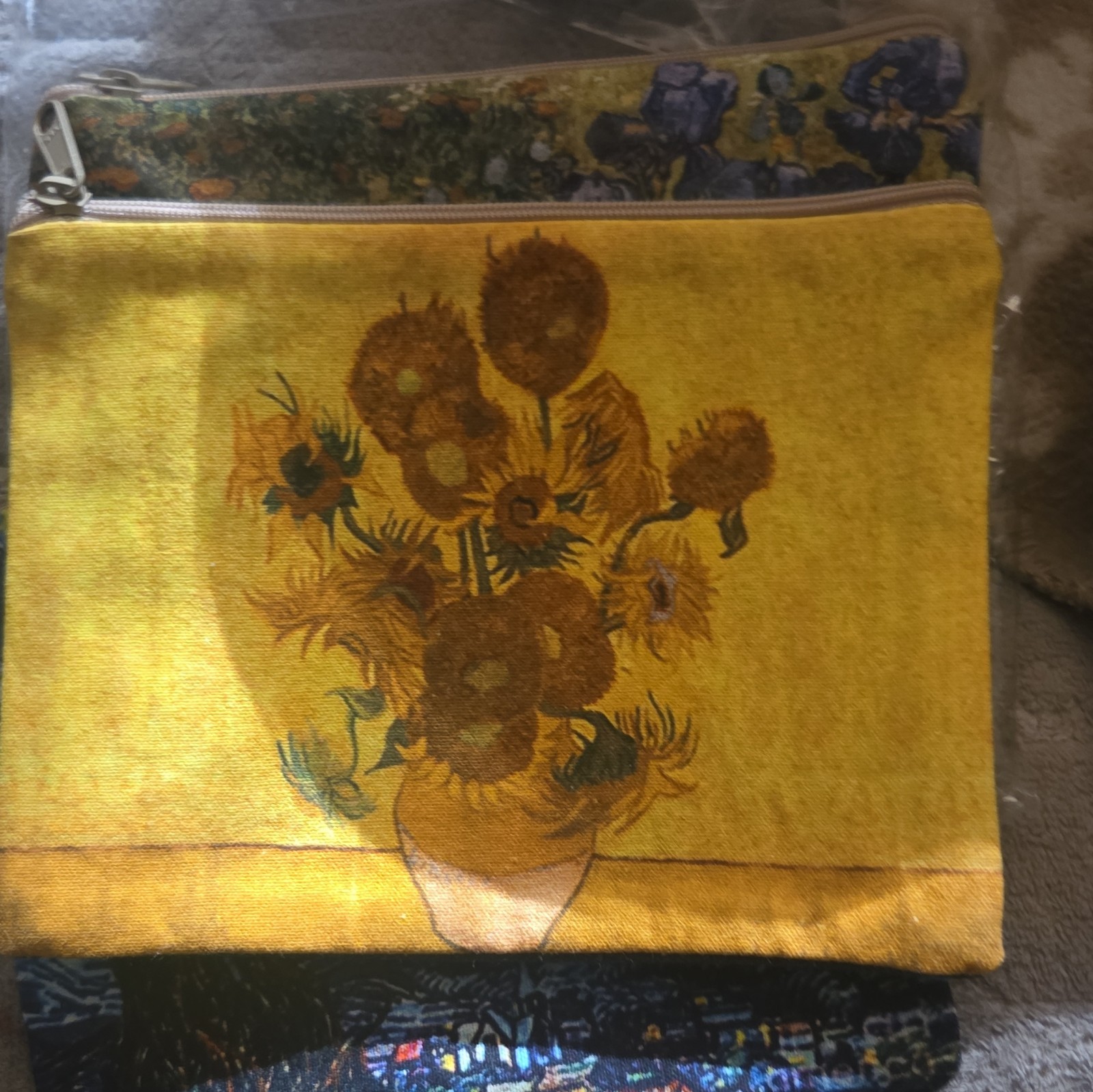 Zipper Makeup Bag Cosmetic Pouch Yellow Floral Print with Black Fabric