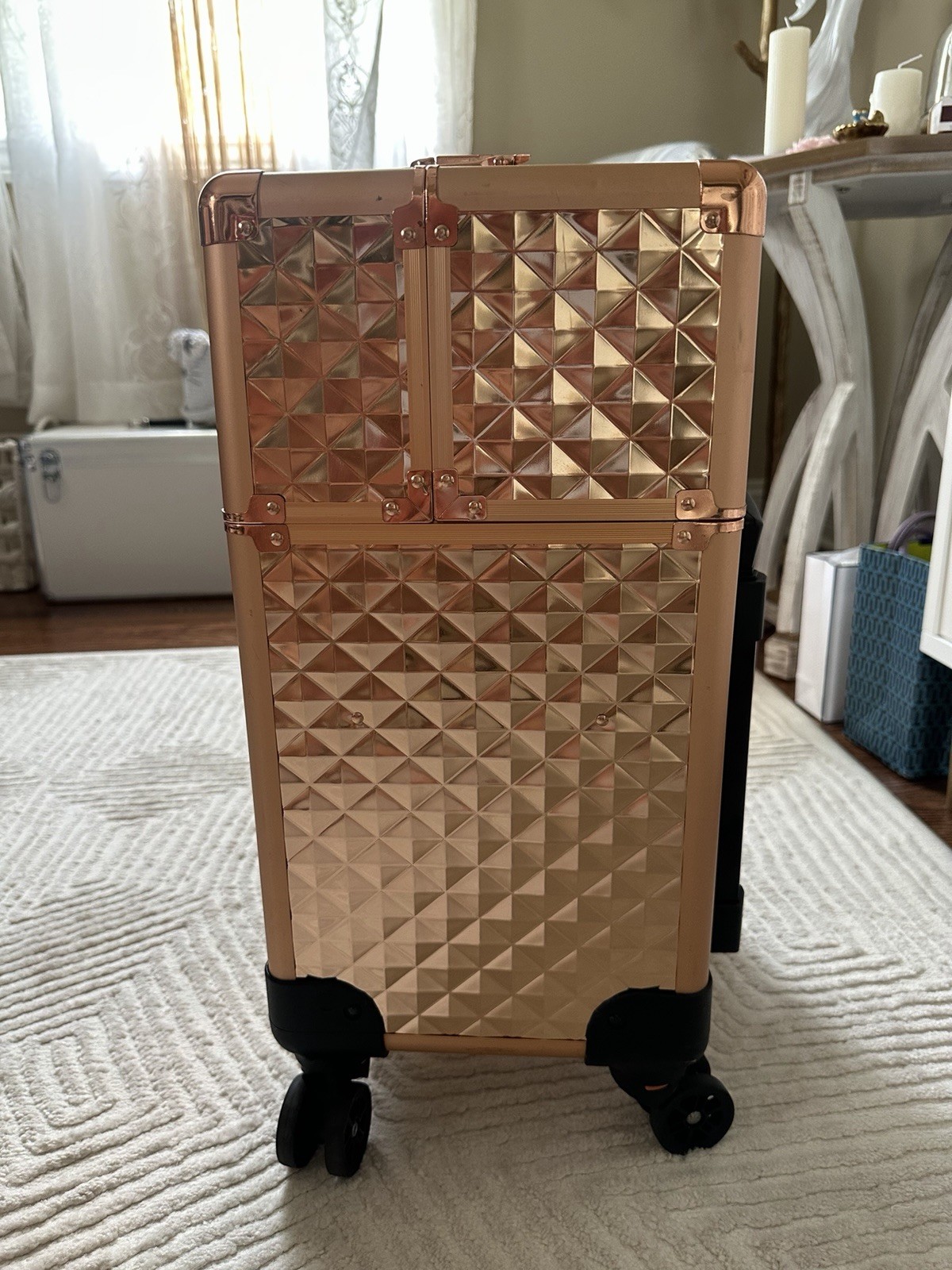 Rose Gold & Black Rolling Makeup Case w/ Wheels, Retractable Handle 20.5in