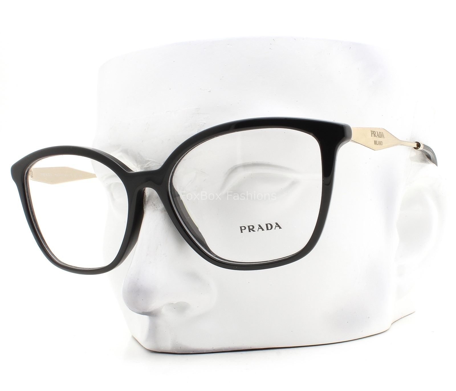 Prada Eyeglasses Glasses VPR 02Z 1AB-1O1 Glossy Black on Pale Gold 54mm w/case