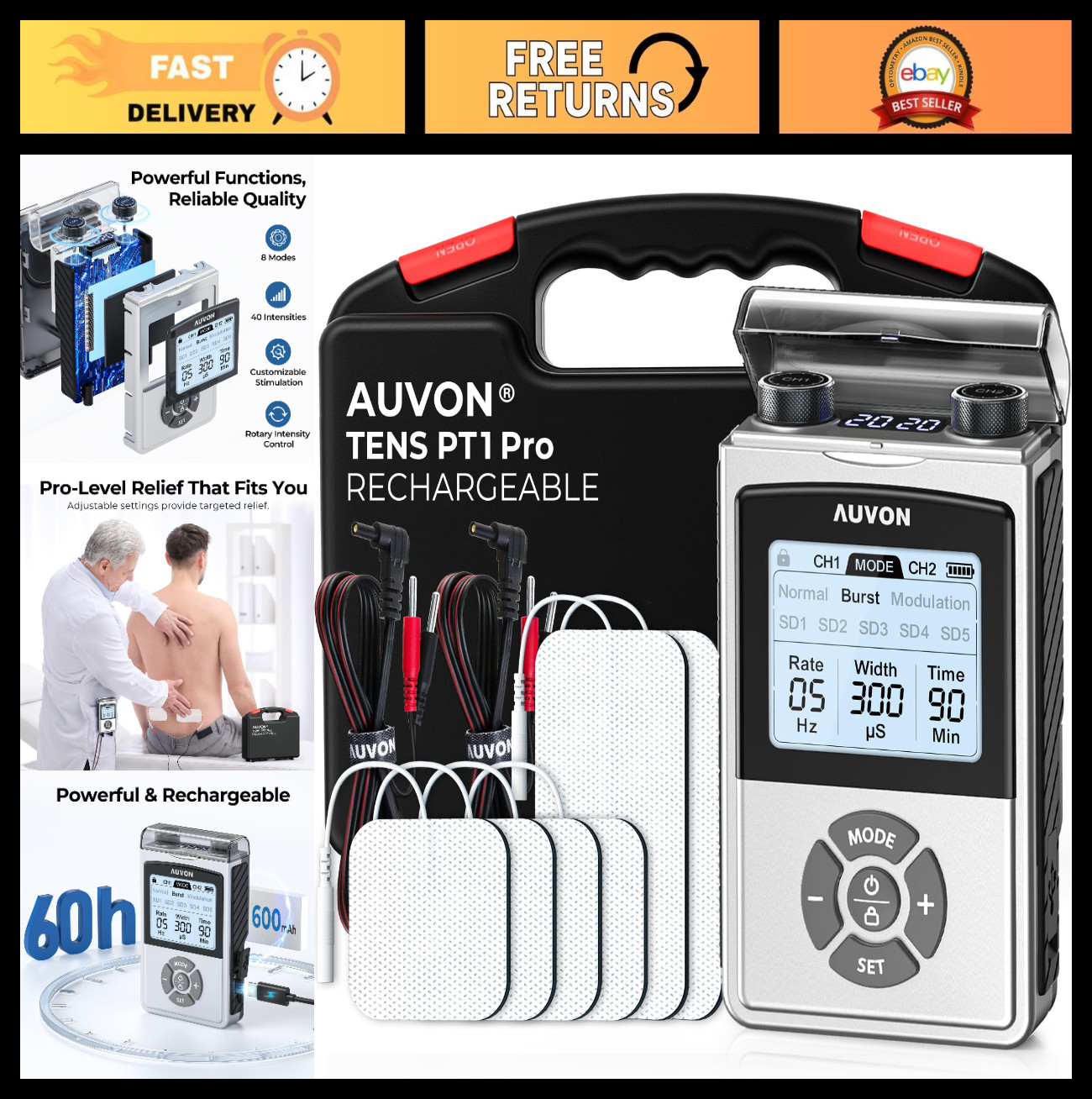 Rechargeable Digital TENS Unit Muscle Stimulator | 40 Levels, 8 Modes, Pain Reli