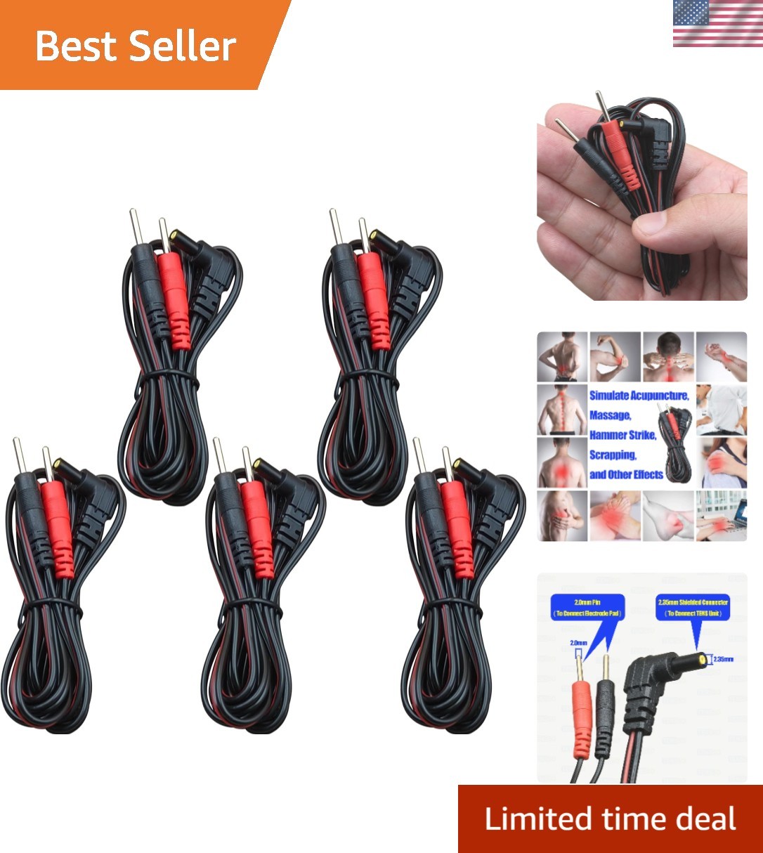 TENS Lead Wires Replacement 5 Pack – Copper Foil Electrode Wires for Pain Relief